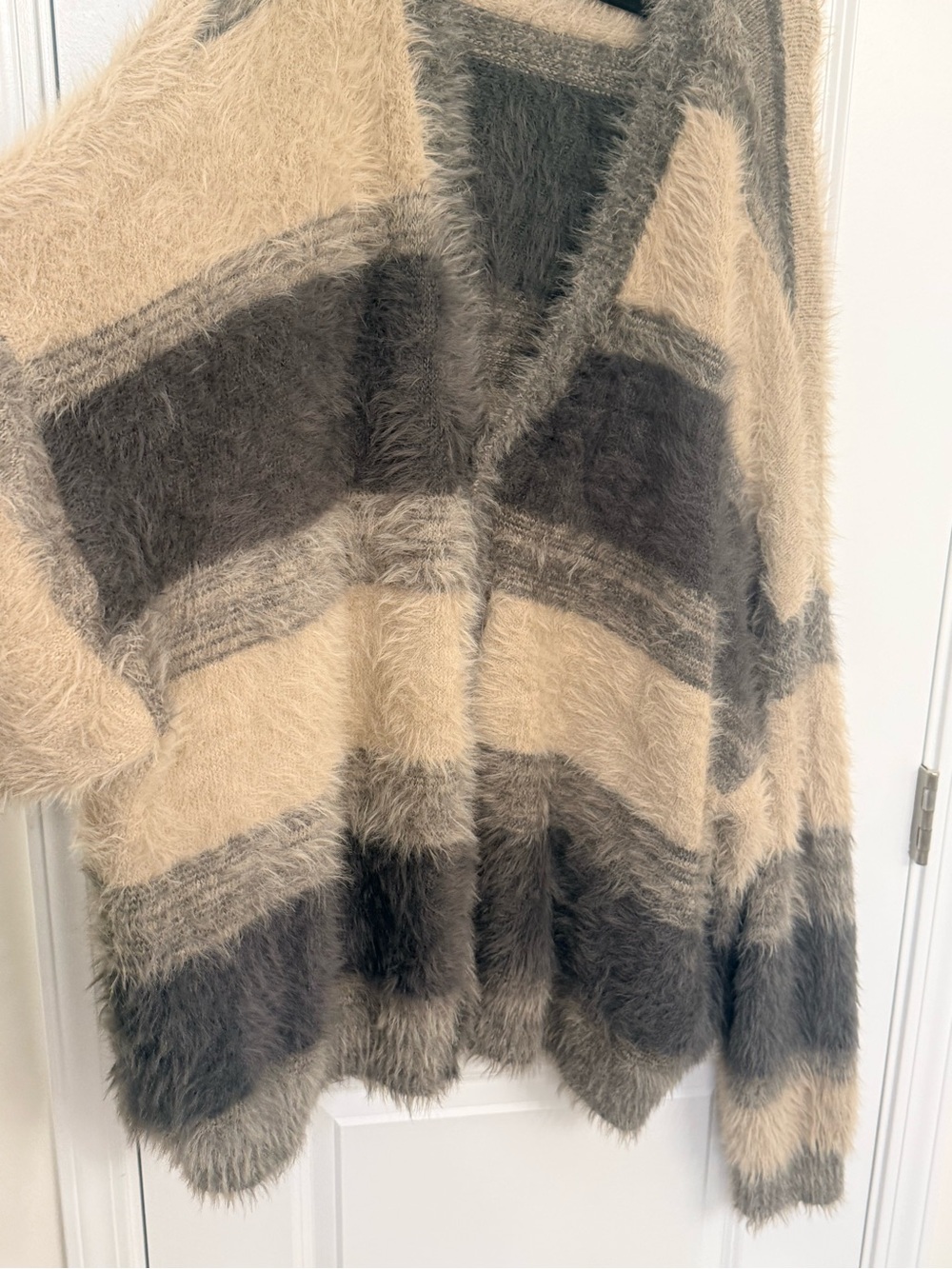Topman Men's Fuzzy Striped Cardigan in Gray and Cream - Picture 3 of 11